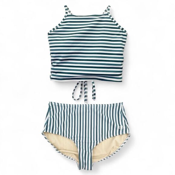 Albion Darling Stripe Bikini Set Switchback Crop Top High Rise Bottom Sz Medium - Picture 1 of 16